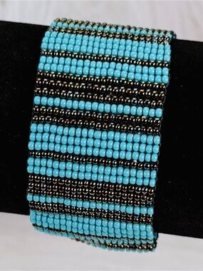 Vintage bohemian chic blue beaded, magnetic closure, wideband bracelet